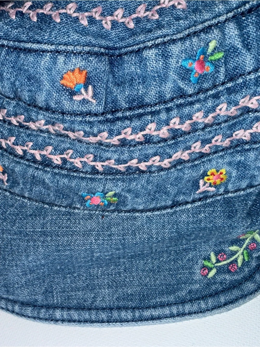 GAP Denim Bucket Hat with Pink Trim and Multicolor Floral Embroidery